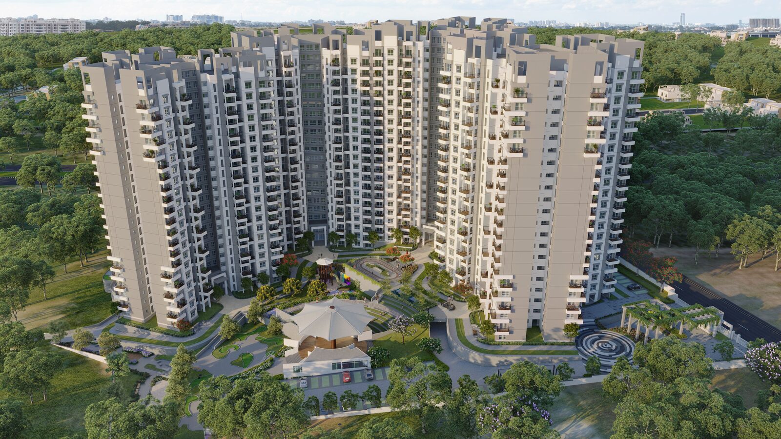 Purva Aerocity master plan aerial view — 75% open space green township at Chikkajala